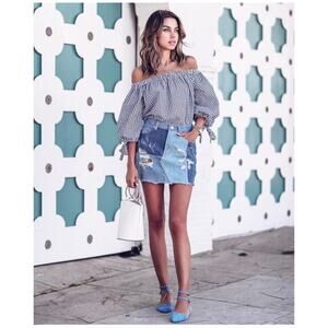 Sunset & Spring L Patchy Destroyed Denim Mini Skirt Frayed Raw Hem Distressed